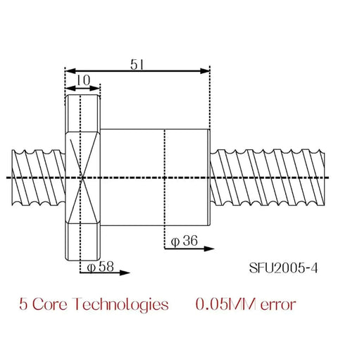 Awesome 1 Pc SFU2005 Ball Screw Kit With 350mm Length Includes Machined RM2005 Ball Nut Plus BK15 BF15 End Brackets And Smooth Coupler For Quiet CNC Machine Operations, SFU2005-4 drawing with 58mm flange and 36mm body