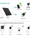 5W Solar Panel Charger For Wyze Battery Cam Pro And Wyze Outdoor V1 V2 With USB C Port IP65 Waterproof Adjustable Wall Mount And Micro USB Adapter Weatherproof All Weather Outdoor Power Solution For Wyze Cams. Compatibility display showing compatible and non-compatible Wyze cameras with the solar charger.