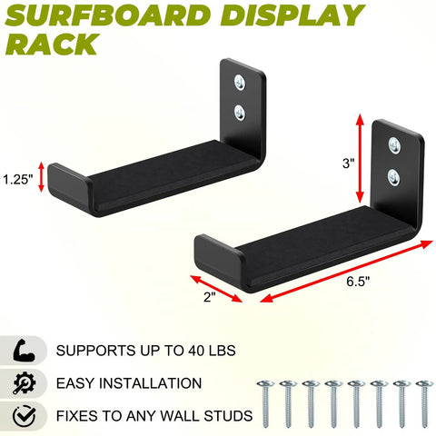 Heavy Duty Steel Surfboard Wall Mount Rack For Vertical Display features 2.5" cradle, supports 40 lbs, ideal for garage or apartment storage.