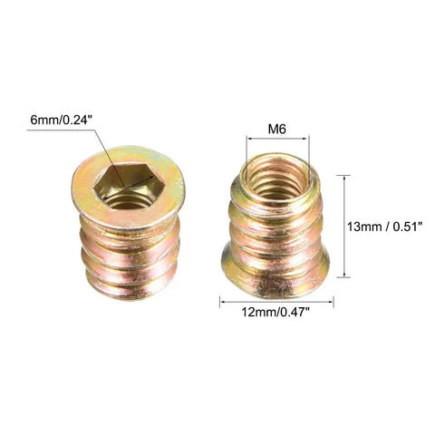 Wood Furniture DIY Friendly Heavy Duty Threaded Insert Nuts M6x13mm Hex Socket Drive Galvanized Carbon Steel 20Pcs