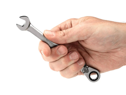 Hand holding 10 mm Reversible 12 Point Ratcheting Wrench With 72-Tooth Box End, 5-Degree Swing, Offset 15 Degree Box End For Tight Spots