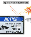 Front view of 4 Pack Aluminum Security Notice Signs 14 By 10 Inches UV Printed This Spot Is Under 24 Hour Video Surveillance Signs Durable Warning For Home Office And Business Safety, with UV protection label.