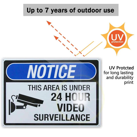 Front view of 4 Pack Aluminum Security Notice Signs 14 By 10 Inches UV Printed This Spot Is Under 24 Hour Video Surveillance Signs Durable Warning For Home Office And Business Safety, with UV protection label.