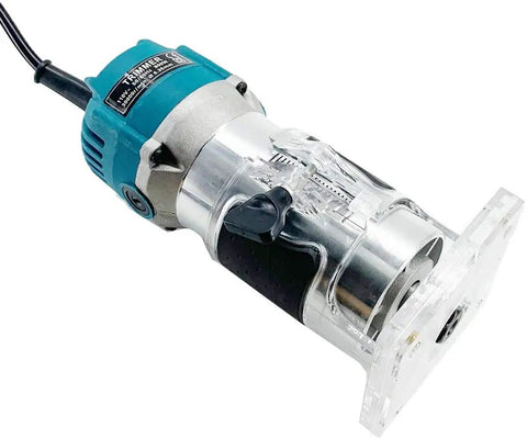 Palm Router Electric Hand Trimmer For Woodworking And Laminate Edges, 110V 800W, Aluminum Base With Transparent Guide, Side View