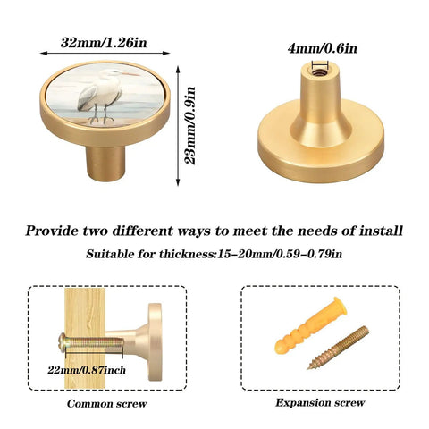 Four Pack Seabird Fence Vintage Gold Cabinet Knobs With Round Pull Design For Drawers Walls And Dressers, Scratch Resistant Gold Finish, Dual Screw Installation, Durable Acrylic And Zinc Alloy with size and installation guide