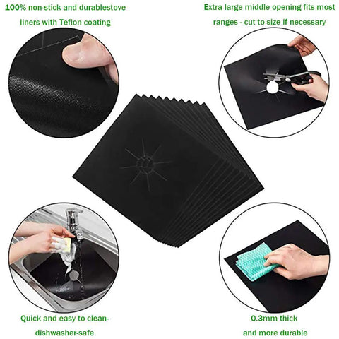 Image of Double Thickness 0.3 mm Gas Stove Burner Covers 8 Pack, showing black nonstick liners being cut, washed, and cleaned.