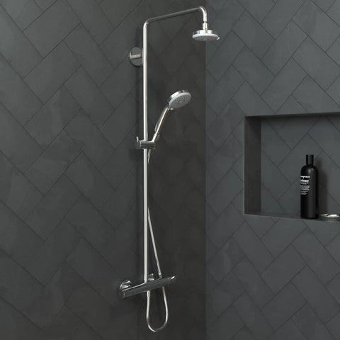 Three Jet Showerhead With Soaking Full Spray And Powerful Massage Settings, chrome finish in modern bathroom setup, 2.5 GPM water flow
