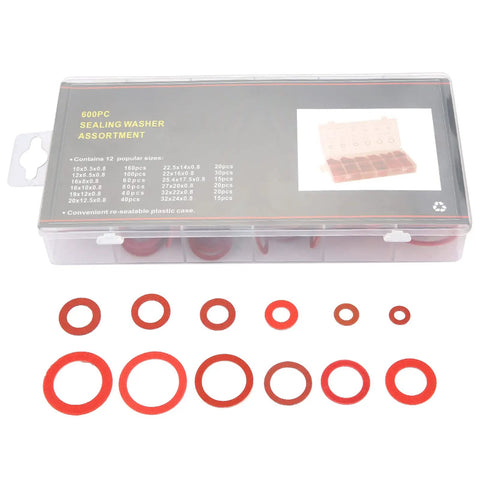 KickAss 600 Pieces Pro Grade Insulating Washers Assortment Kit With 12 Sizes Featuring Red Steel Paper Fiber Flat Rings Packed In A Box Built To Prevent Short Circuits To Keep All Safe During Repair Work Or Installation Tasks At Home Or Garage, box and red washers