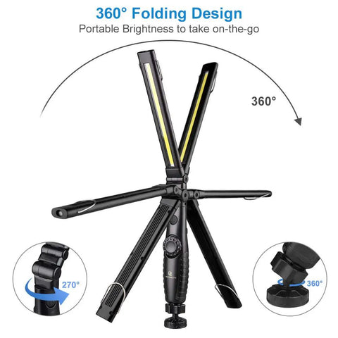 Beast Bright Rechargeable LED Work Light 750 Lumens showing 360-degree folding feature with multiple angles and magnetic base.