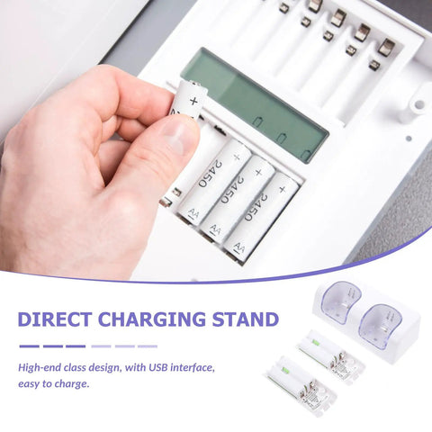 Dual Slot Rechargeable Controller Battery Charger Dock With USB Cable Lightweight White ABS Stand Fast Charge For Gamepads Keeps Batteries Ready Dope Desk Accessory And Perfect Gift shown charging batteries