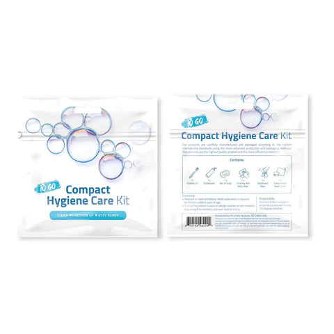 Front and back packaging of Compact Hygiene Care Kit with bubble design and product details.