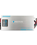 Beefy Marine Five Channel Waterproof Class D Amplifier Delivers Up To 4000 Watts Max Power For Boats ATVs UTVs And Powersports Audio Systems Built Tough For Wet Environments And Clean Distortion Free Sound Throughout. silver aluminum 5-channel marine amplifier with wiring harness