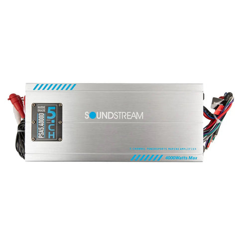 Beefy Marine Five Channel Waterproof Class D Amplifier Delivers Up To 4000 Watts Max Power For Boats ATVs UTVs And Powersports Audio Systems Built Tough For Wet Environments And Clean Distortion Free Sound Throughout. silver aluminum 5-channel marine amplifier with wiring harness