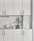 Modern kitchen with white cabinets featuring 10 Pack 8 Inch Hole Center Champagne Cabinet Pulls In Stainless Steel Square Drawer Handles.