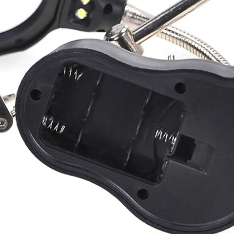 Battery compartment of 4X LED Magnifier Soldering Station with Light, Adjustable Stand and Auxiliary Clips for Welding, PCB Repair.