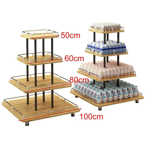 Straight Up Sturdy Four Tier Square Storage Rack Multi Purpose Steel Shelving Unit For Kitchen Warehouse Grocery Display stacked with products.