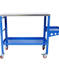 Beefy Welding Table 36 By 18 Inches Portable Steel Workbench 1200 Pound Load Capacity showing blue frame, tool tray, and lockable caster wheels.