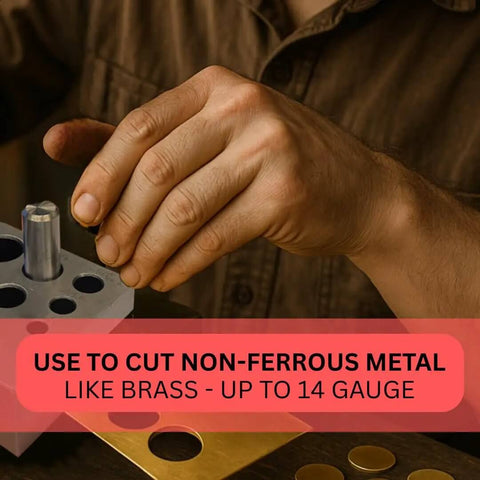 Person using 7 Piece Circular Disc Cutter Set With Wooden Storage Box Square Design Includes Round Punches One Quarter Inch Through Five Eighth Inch Heavy Duty Hardened Steel Cuts Up To Eighteen Gauge Rock Solid For Metalworking to cut non-ferrous metal.