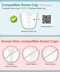 Compatible Maymom dome cap shown, with non-compatible Avent Natural and Classic+ dome caps.