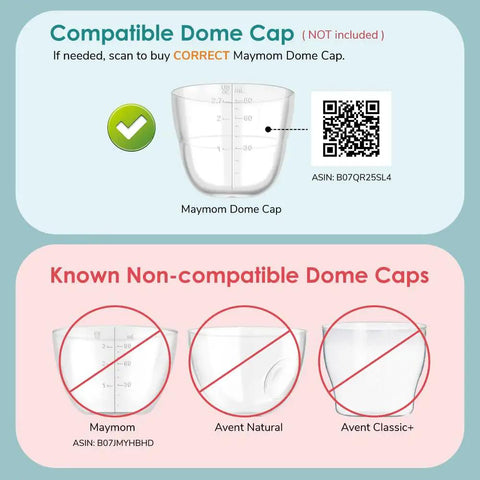 Compatible Maymom dome cap shown, with non-compatible Avent Natural and Classic+ dome caps.