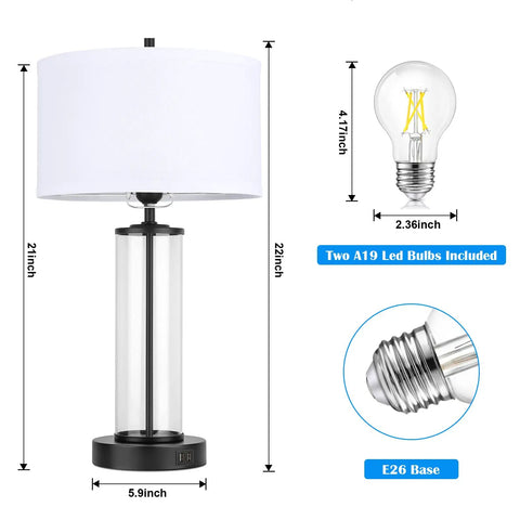 Touch Control Bedside Lamps With 2 USB Ports 3 Way Dimmable LED Table Lamps Set Of 2, dimensions, A19 bulb and base details