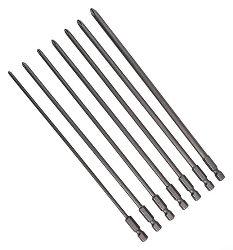 Ultra Long 7-Piece Screwdriver Bits Set PH1 PH2 With Deep Reach 200mm Extra Length Drivers For Tough Jobs 6.35mm Hex Shank Mag Head High Quality Steel Power Tool Kit That Never Gets Slipped., 7 steel screwdriver bits, 200mm deep reach, 6.35mm hex shank