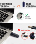 Comparison of upgraded and old USB receiver versions on a laptop: upgraded version shown as more reliable, old version labeled easy to break.