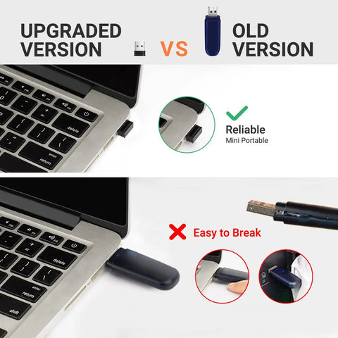 Comparison of upgraded and old USB receiver versions on a laptop: upgraded version shown as more reliable, old version labeled easy to break.