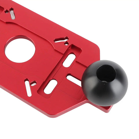Rock Solid Aluminum Router Base Plate Adjustable Clamp Sub Base Platform With Easy Grip Handle For Precision Wood Trimming Milling Slotting Quick Install Shop Ready Zero Play Fine Finishes close-up view of red base plate with black handle