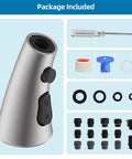 Universal Kitchen Faucet Replacement Sprayer Head With 14 Adapters No Sweat Setup Brushed Nickel sprayer head and accessories.