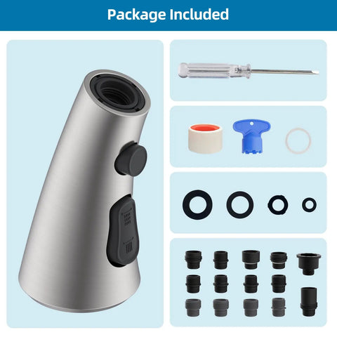 Universal Kitchen Faucet Replacement Sprayer Head With 14 Adapters No Sweat Setup Brushed Nickel sprayer head and accessories.