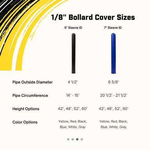 1/8" Bollard Cover Sizes with 5" and 7" Sleeve IDs, showcasing black and blue options for steel pipe protection.