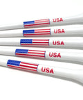 Five 3 1/4 inch American Flag plastic golf tees with USA design, showing 6-prong cup, part of 100 pack, durable plastic construction