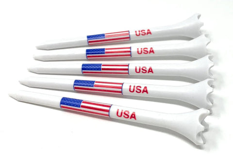 Five 3 1/4 inch American Flag plastic golf tees with USA design, showing 6-prong cup, part of 100 pack, durable plastic construction