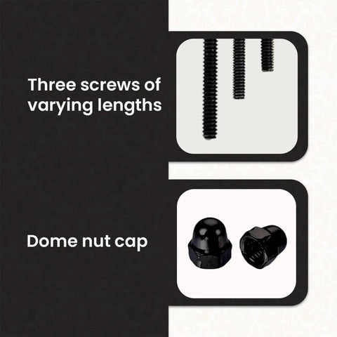 Three screws of varying lengths and dome nut cap for Handmade Spade Black And White Ceramic Cabinet Knobs Set Of 6.