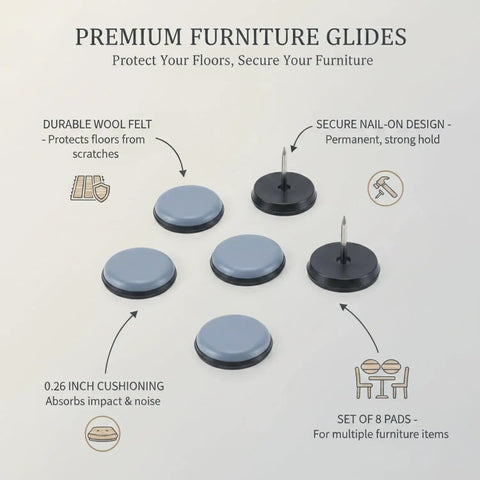 Wool Felt Furniture Glides Nail On Floor Protectors For Chairs And Tables 0.75 x 0.26 Inch Pads displayed with features and details