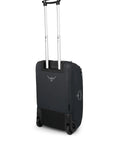 Black 40L collapsible wheeled carry on duffel, back view with extended handle, ideal for travel and road trips.