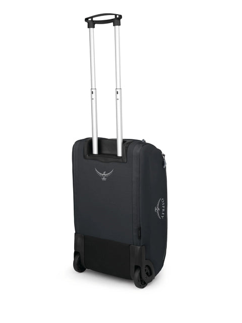 Black 40L collapsible wheeled carry on duffel, back view with extended handle, ideal for travel and road trips.