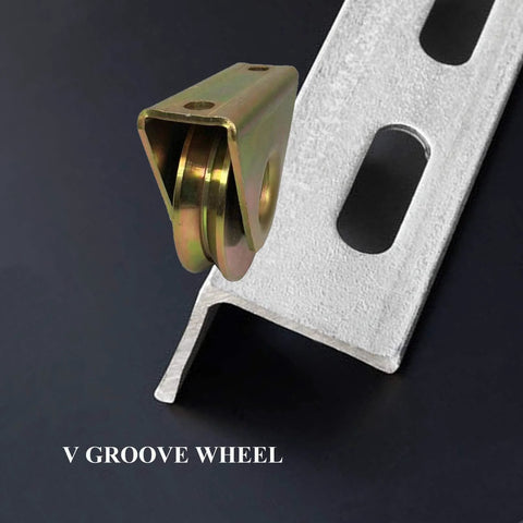 Close-up of 2in V-groove wheel plate caster with brass-colored wheel and mounting bracket for V-track rails