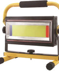 Spot Lighting Led Floodlight Rechargeable 70W Portable Work Light with yellow handle and support stand, front view showing light modes.