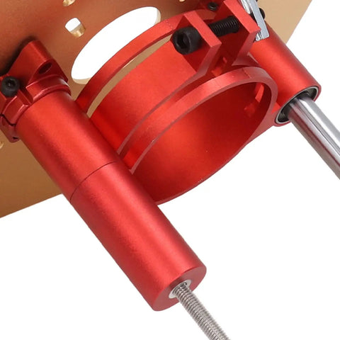 Close-up of the Heavy Duty Router Lifter System Kit With Crank Handle For Small Router Tables showing precision red aluminum components.
