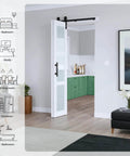 Bi-Fold White MDF Barn Door With PVC Surface 28 By 84 Inches shown installed in a modern living room, open to kitchen