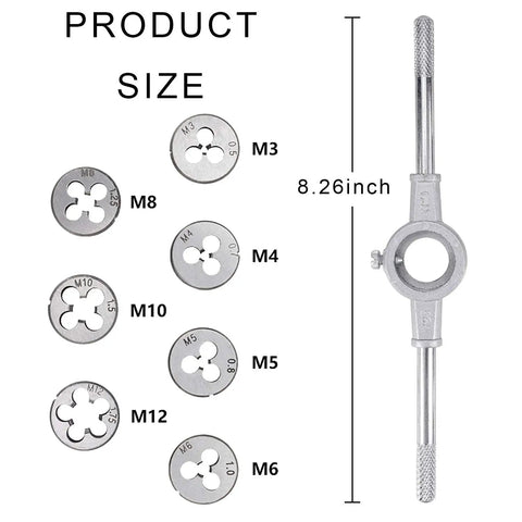 Eight Piece Metric Die Set With Screw Die And Knurled Die Stock Holder For M3 To M12 Threading Rethreading External Thread Cutting And Tapping