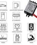 Badass Waterproof Step Down Voltage Converter AC DC Power Module With IP67 Sealing And Overload Protection Zero Hassle 12V Adapter Up To Five Amps For Weekend Whip Mods with icons for various equipment.
