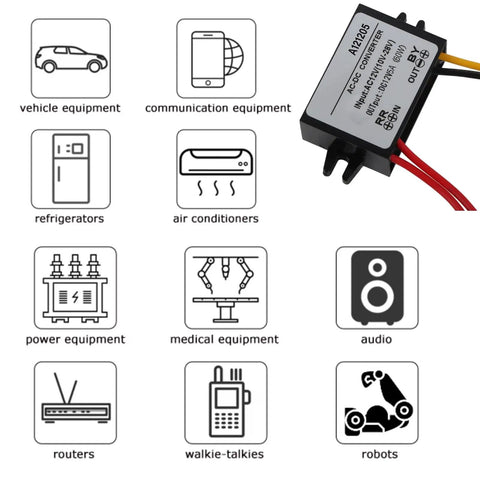 Badass Waterproof Step Down Voltage Converter AC DC Power Module With IP67 Sealing And Overload Protection Zero Hassle 12V Adapter Up To Five Amps For Weekend Whip Mods with icons for various equipment.