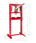 Heavy Duty 12 Ton Hydraulic Shop Press Beefy H Frame Design With Adjustable Work Table For Home Garage Mechanics, 47" tall, red steel frame.