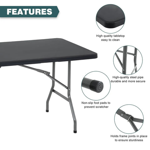 Six Foot Outdoor Folding Dining Table For Parties And Weddings, Portable Rectangular Plastic Table With Built In Carrying Handle, Black