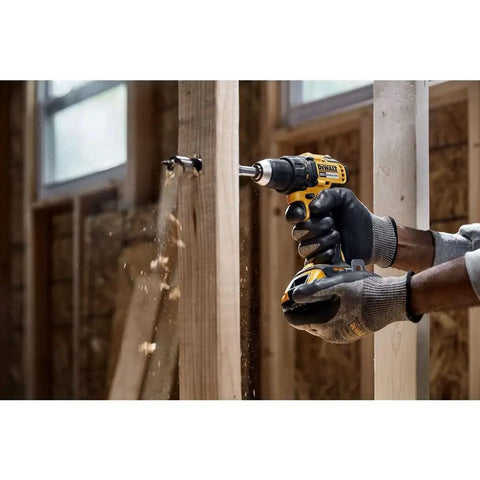 Heavy Hitter 20V Max Brushless Compact Drill Driver Boasting 1/2 Inch Ratcheting Chuck And 404 Uwo Torque, Pumping Out 1650rpm Revolutions Plus Bright Led Lights For No Sweat Job Site Hustle, Tool Only in action drilling wood.