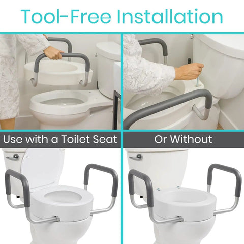 Raised Toilet Seat Riser With Sturdy Side Handles Fits Under Existing Elongated Seats Adds Three Point Five Inches Of Lift Making Get Up And Sit Down An Absolute Breeze For Seniors And Smooth Bathroom Care