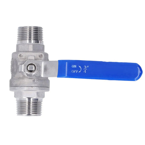 Dang Tough 3/4 Inch Stainless Steel Manual Shutoff Valve With Male Threads Heavy Duty Plumbing Fitting showing blue handle and threaded ends.